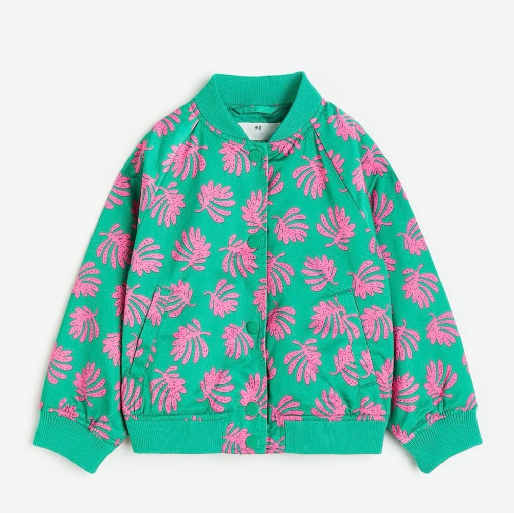 Girls H&M Pink Bright Green Leaves Patterned Satin Bomber Jacket Size US 8-10